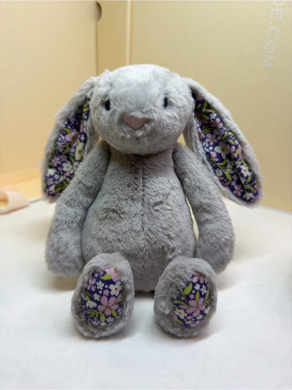 Jellycat Gray Bunny with Purple Floral Ears and Paw Pads